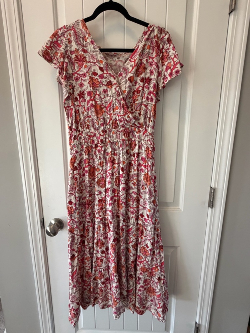 Floral V-Neck Midi Dress in Pink & Orange
